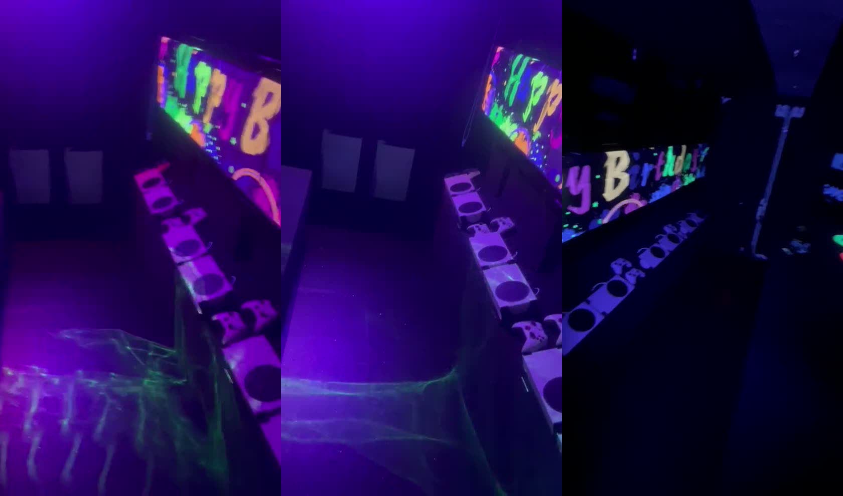 UV glow mode with Happy Birthday in neon on the screens