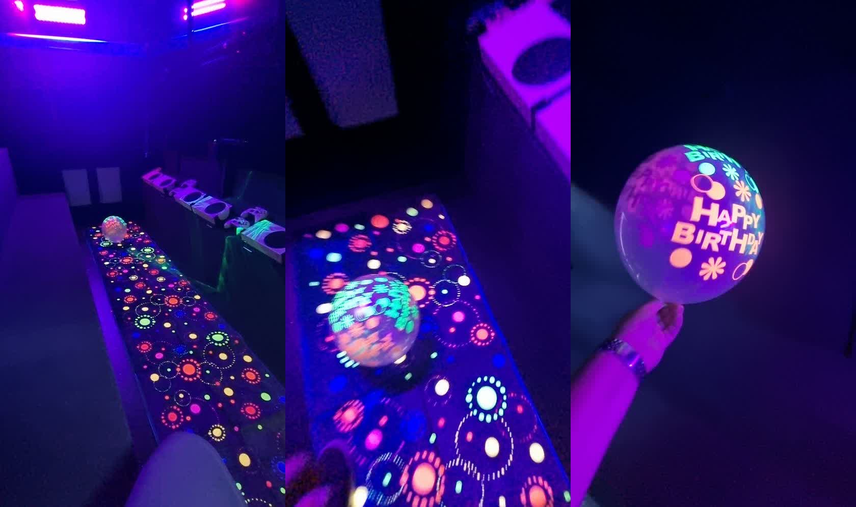 UV mode — glowing neon carpet, disco ball and balloon