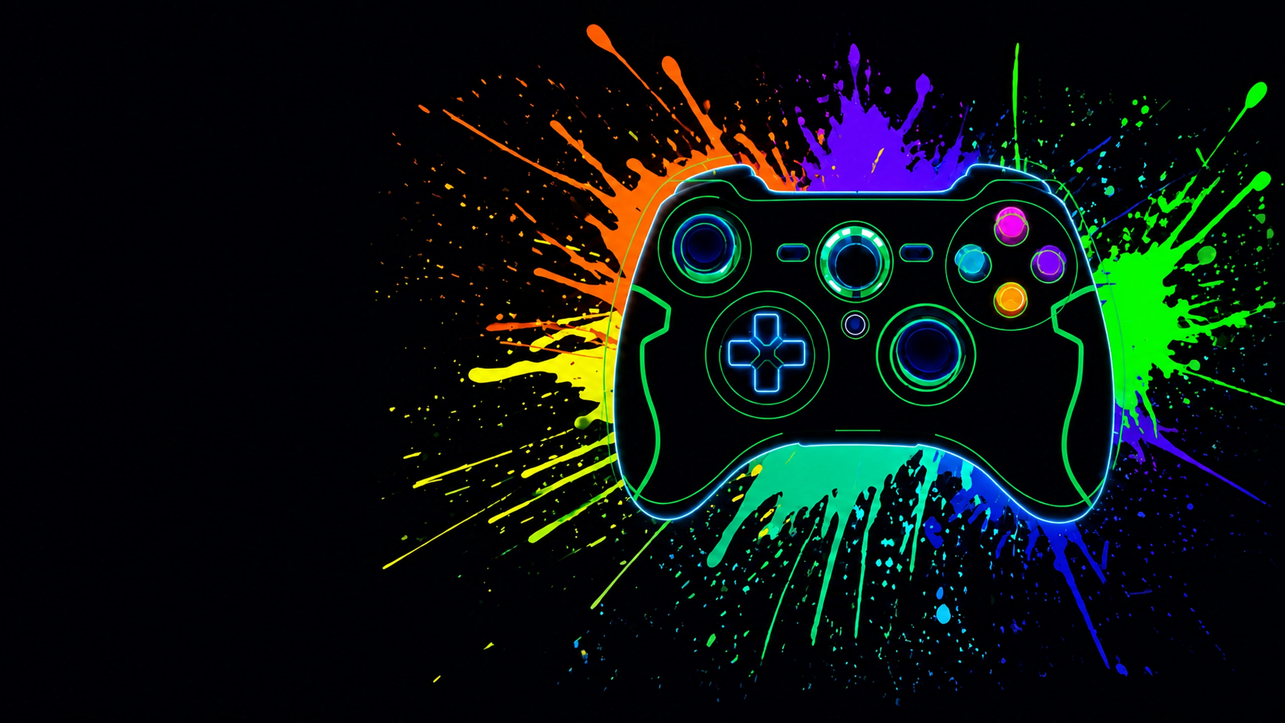 Neon game controller surrounded by fluorescent paint